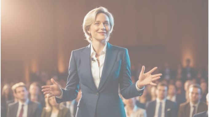 A female leader with great communication skills speaking at a conference